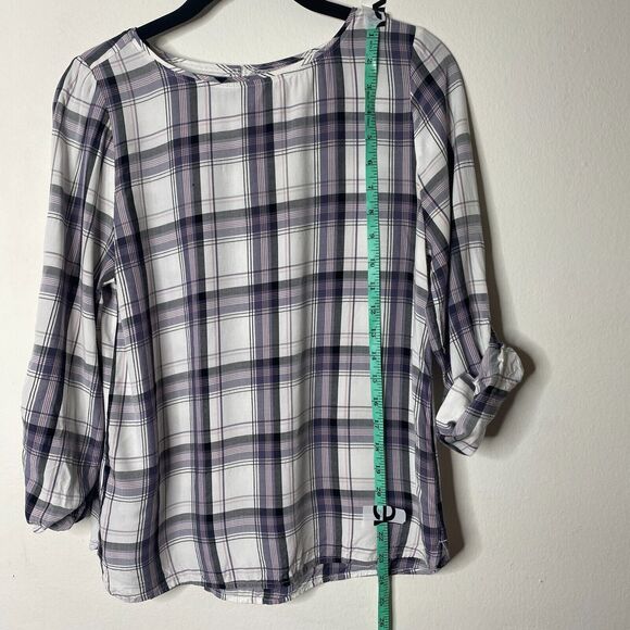 Loft Lavender Plaid Flowy Roll-Tab Sleeve Shirred Back Keyhole Button Blouse SP - Picture 9 of 10